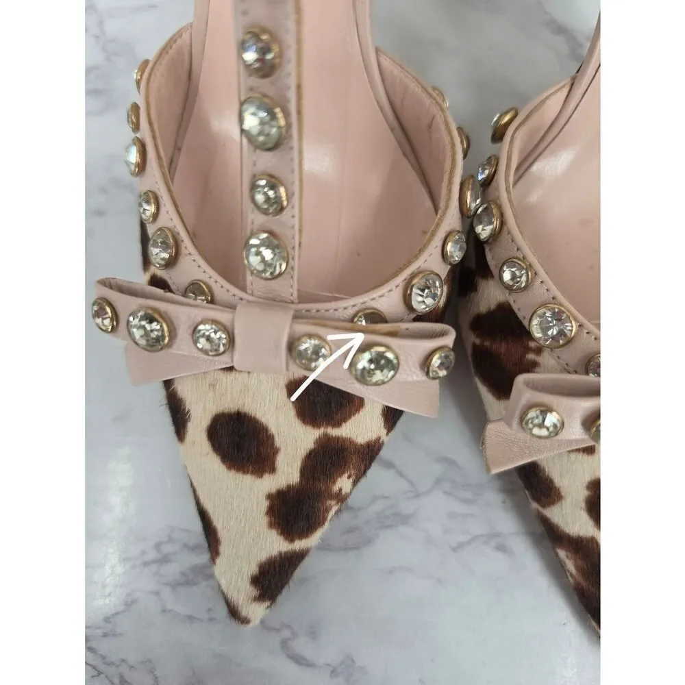Kate Spade Lydia Calf Hair Leopard Print Rhinestone Studded T-Strap Pumps Heels